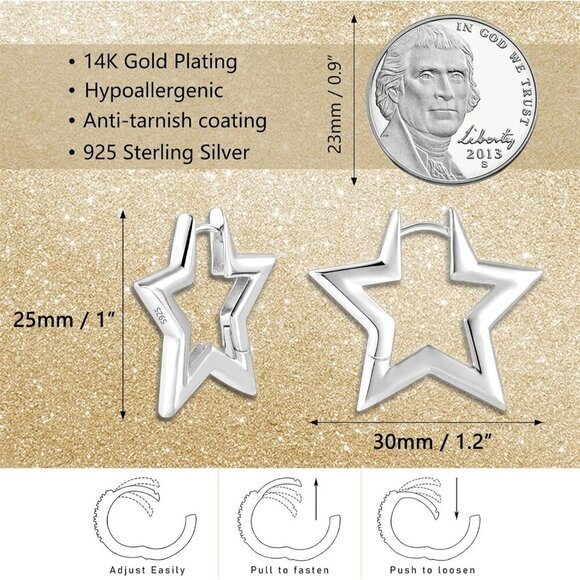 925 Sterling Silver Star Rhombus Hoop Earrings for Women Small Hypoallergenic - Picture 5 of 7